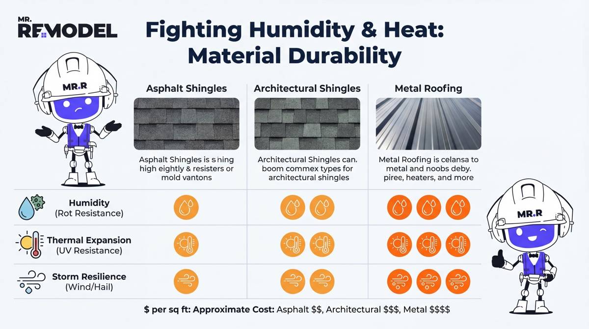 A material durability matrix comparing standard asphalt, architectural shingles, and metal roofing based on their ability to resist Warner Robins’ high humidity, thermal expansion, and storms.